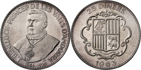 Andorra. 1963. 25 diners. (KM.UWC. M2). Obispo Benlloch. Acuñación de 1350 ejemplares. AG. 13,59 g. Proof.