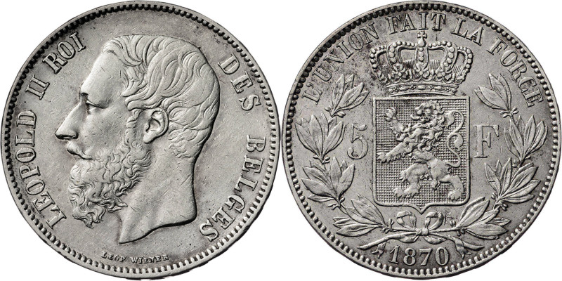 Bélgica. 1870. Leopoldo II. 5 francos. (KM. 24). AG. 25,03 g. EBC-.