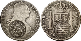 Brasil. (18)08. (KM. 242). Doble contramarca: escudo y globo (De Mey 407 y 408), para circular por Minas Gerais como 960 reis, sobre 8 reales de Carlo...