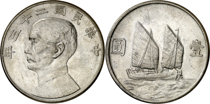 China. Año 23 (1934). 1 dólar. (KM. 345). Sun Yat Sen. AG. 26,70 g. EBC+.