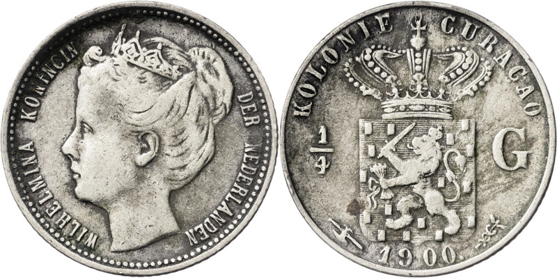 Curaçao. 1900. Guillermina. 1/4 de gulden. (KM. 35). AG. 3,54 g. MBC-.