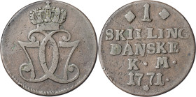 Dinamarca. 1771. Christian VII. 1 skilling. (KM. 616.1). CU. 11,46 g. MBC-.