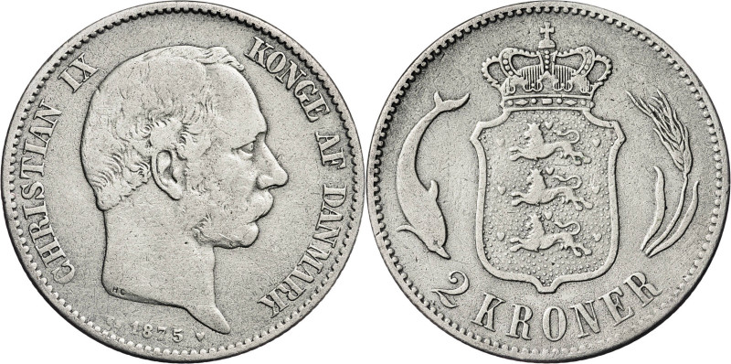 Dinamarca. 1875. Christian IX. HC/CS. 2 coronas. (KM. 798.1). AG. 14,68 g. MBC-.