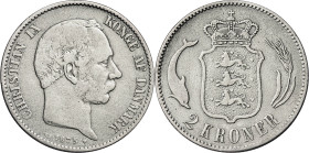Dinamarca. 1875. Christian IX. HC/CS. 2 coronas. (KM. 798.1). AG. 14,68 g. MBC-.
