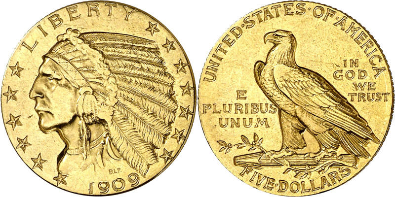 Estados Unidos. 1909. Filadelfia. 5 dólares. (Fr. 148) (KM. 129). Tipo "indio". ...