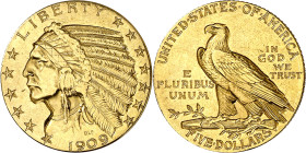 Estados Unidos. 1909. Filadelfia. 5 dólares. (Fr. 148) (KM. 129). Tipo "indio". AU. 8,34 g. MBC.