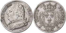 Francia. 1814. Luis XVIII. L (Bayona). 5 francos. (KM. 702.8). Rayitas. AG. 24,78 g. MBC-.