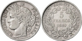 Francia. 1849. II República. A (París). 5 francos. (KM. 761.1). Escasa. AG. 24,71 g. MBC.
