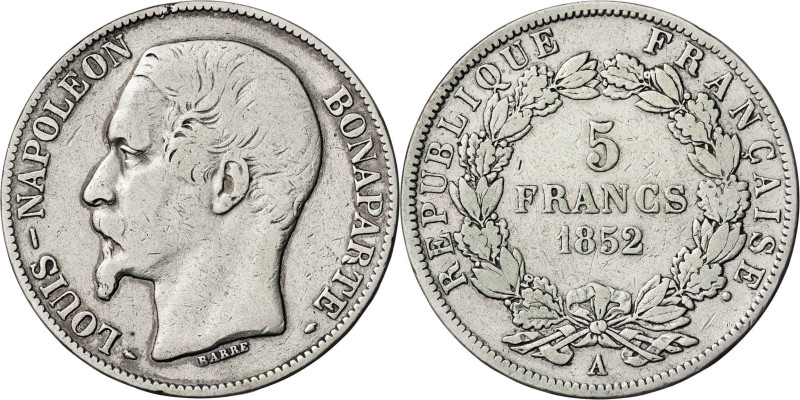 Francia. 1852. Luis Napoleón. A (París). 5 francos. (KM. 773.1). Escasa. AG. 24,...