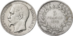 Francia. 1852. Luis Napoleón. A (París). 5 francos. (KM. 773.1). AG. 24,82 g. MBC-.