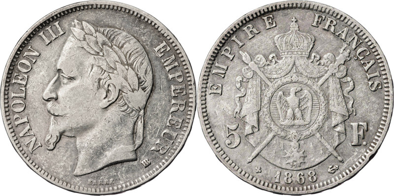 Francia. 1868. Napoleón III. BB (Estrasburgo). 5 francos. (KM. 799.2). AG. 24,71...