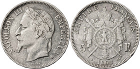 Francia. 1868. Napoleón III. BB (Estrasburgo). 5 francos. (KM. 799.2). AG. 24,71 g. MBC-.
