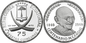 Guinea Ecuatorial. 1970. 75 pesetas guineanas. (KM. 11). Centenario de Gandhi. AG. 15,16 g. Proof.