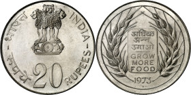India. 1973. 20 rupias. (KM. 240). Serie FAO. Escasa. AG. 30,04 g. S/C-.