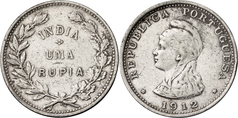 India Portuguesa. 1912. 1 rupia. (KM. 18). AG. 11,60 g. MBC-.