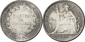 Indochina francesa. 1908. A (París). 1 piastra de comercio. (KM. 5a.1). AG. 26,68 g. MBC-.