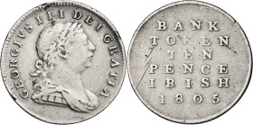 Irlanda. 1805. Jorge III. Banco de Irlanda. Token de 10 peniques. (KM. TN3). Golpecitos. AG. 4,06 g. MBC-.