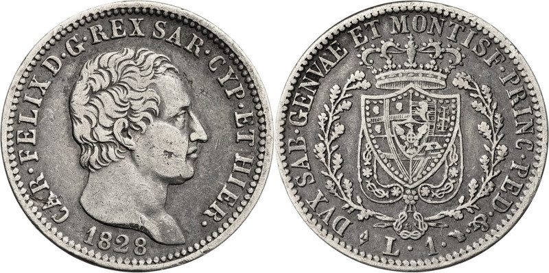 Italia. Cerdeña. 1828. Carlos Félix. Turín. L. 1 lira. (KM. 121.1). AG. 4,90 g. ...