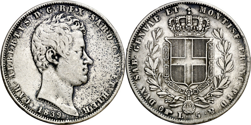 Italia. Cerdeña. 1839. Carlos Alberto. Turín. 5 liras. (KM. 130.2). AG. 24,81 g....