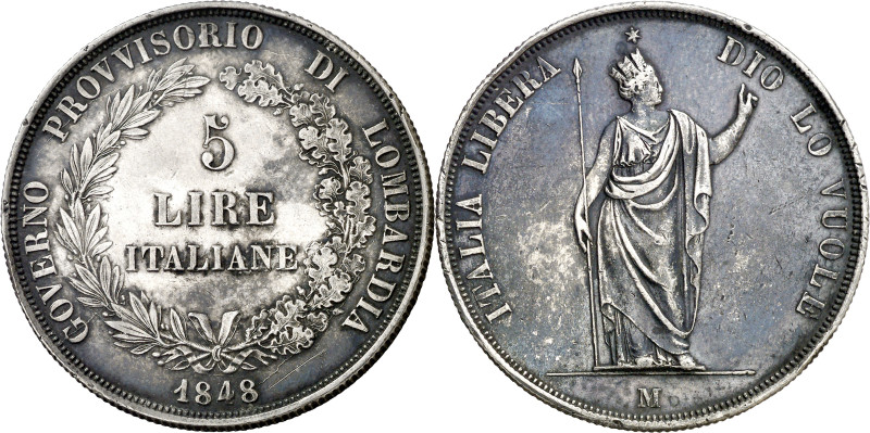 Italia. Lombardía. 1848. Gobierno Provisional. M (Milán). 5 liras. (KM. 22.1). G...