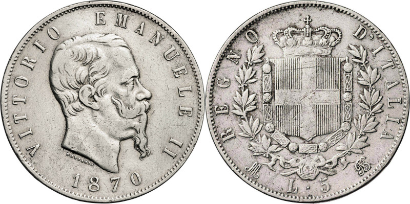 Italia. 1870. Víctor Manuel II. M (Milán). BN. 5 liras. (KM. 8.3). AG. 24,80 g. ...