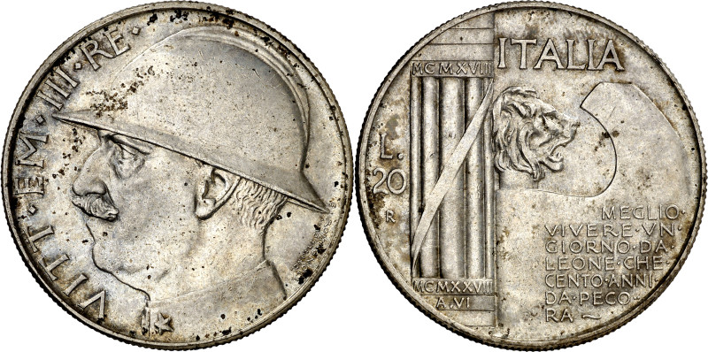 Italia. 1928. Víctor Manuel III. R (Roma). 20 liras. (KM. 70). 10º Aniversario d...