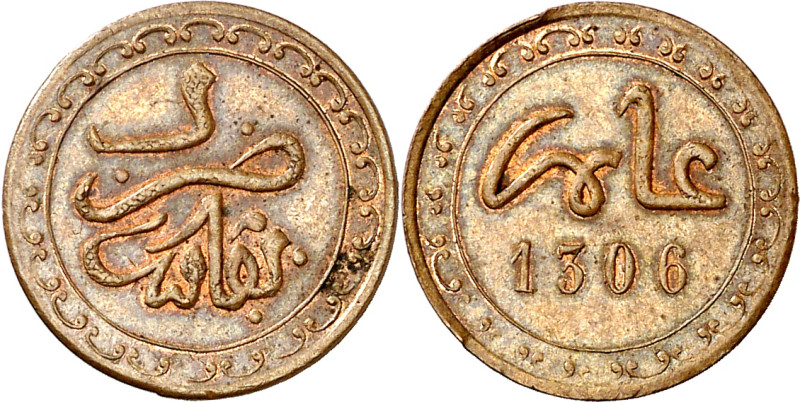 Marruecos. AH 1306 (1889). Mulay Hasan I. Fez. 1/4 de falus. (KM. C1). Gran part...