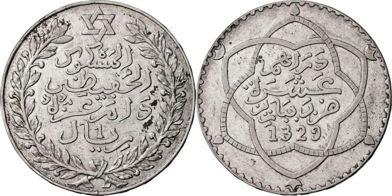Marruecos. AH 1329 (1911). Abd al-Haziz. 10 dirhams. (KM. 25). AG. 24,93 g. MBC+...
