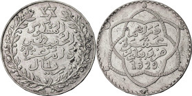 Marruecos. AH 1329 (1911). Abd al-Haziz. 10 dirhams. (KM. 25). AG. 24,93 g. MBC+.