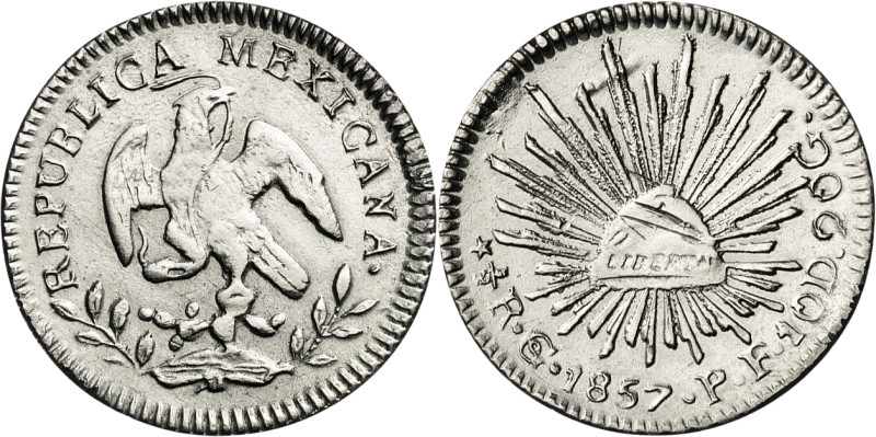 México. 1857. Go (Guanajuato). PF. 1/2 real. (KM. 370.7). 1,81 g. MBC+.