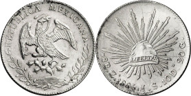 México. 1885. Zacatecas. JS. 8 reales. (KM. 377.13). Golpecitos. AG. 27,07 g. EBC-.
