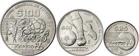 México. 1985. 25, 50 y 100 pesos. (KM. 497 a 499). Mundial de Fútbol - México '86. Serie de 3 monedas. AG. S/C.