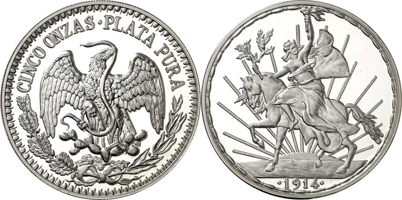 México. s/d. 5 onzas. (KM. falta). Caballito, 1914. AG. 156,31 g. Proof.