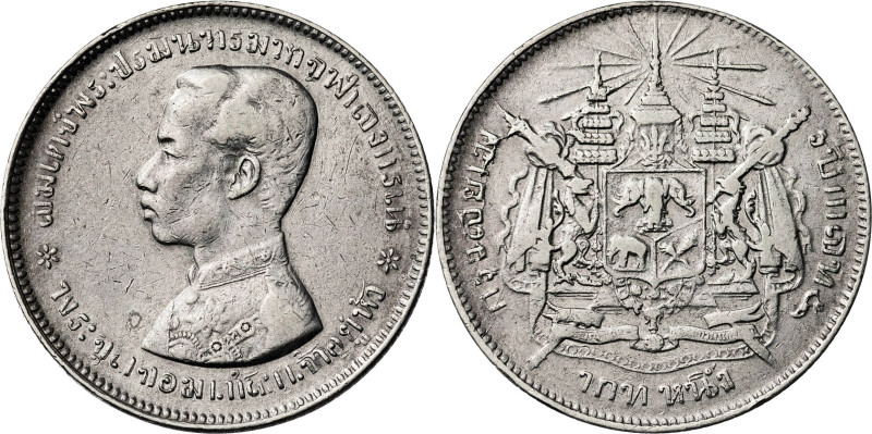 Tailandia. s/d (1876-1900). Rama V. 1 baht. (KM. 34). AG. 15,17 g. MBC-.