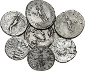 Lote formado por 2 antoninianos y 4 denarios, incluye además 1 dracma sasánida. Total 7 monedas. Limpiadas. A examinar. BC/MBC.