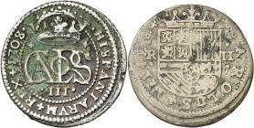 1708/7-1711. Carlos III, Pretendiente. Barcelona. 2 reales. Lote de 2 monedas falsas de época. BC-/BC+.