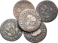 Felipe V. Valencia. Lote de 5 monedas de cobre. A examinar. BC-/BC+.