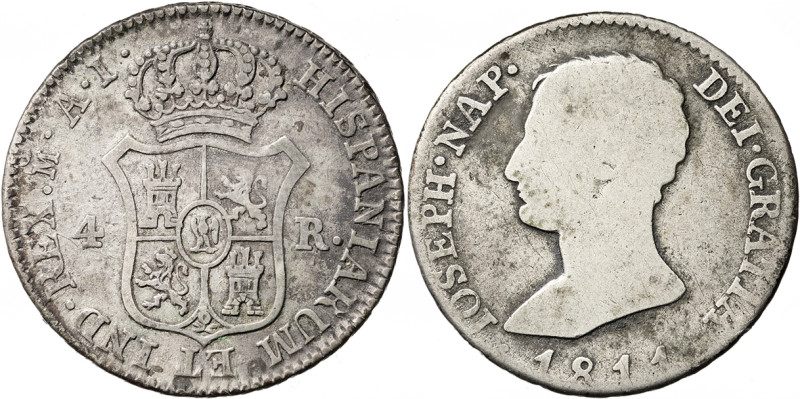 1810 y 1811. José Napoleón. Madrid. AI. 4 reales. Lote de 2 monedas. BC/MBC-.