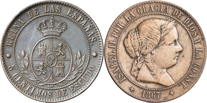 1867 y 1868. Isabel II. Barcelona y Jubia. OM. 5 céntimos de escudo. Lote de 2 m...