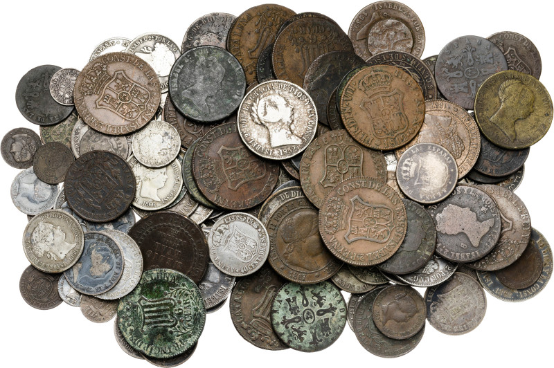 Isabel II. Lote de 130 monedas, 74 en plata de 1 a 10 reales, algunas con perfor...