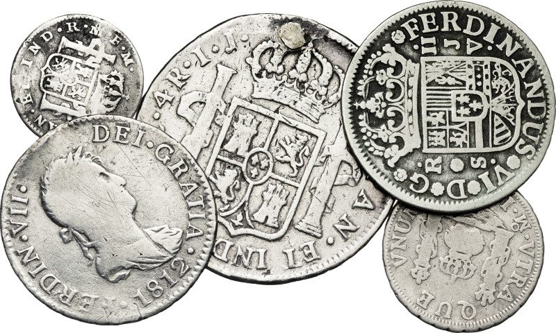 Lote de 5 monedas: 1/2 real México 1789, 1 real México 1759, 2 reales Cádiz 1812...
