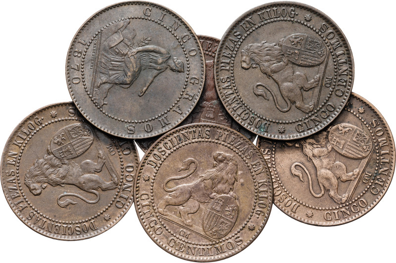 1870. Gobierno Provisional. Barcelona. OM. 5 céntimos. Lote de 6 monedas. A exam...