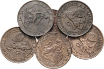 1870. Gobierno Provisional. Barcelona. OM. 5 céntimos. Lote de 6 monedas. A examinar. MBC-/MBC+.