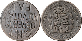 (1877-79). Alfonso XII. Barcelona. OM. 10 céntimos. Contramarcas políticas C.N.T. OBREROS NO VOTAR F.A.I. en reverso. Lote de 2 monedas. BC-/BC+.