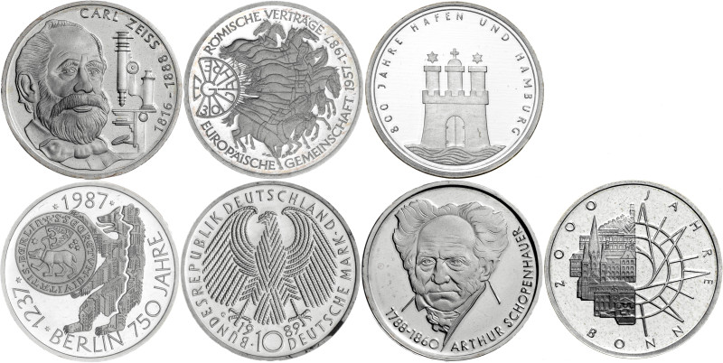 Alemania. 1987 a 1989. 10 marcos. Lote de 7 monedas. A examinar. AG. Proof.