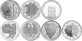 Alemania. 1987 a 1989. 10 marcos. Lote de 7 monedas. A examinar. AG. Proof.