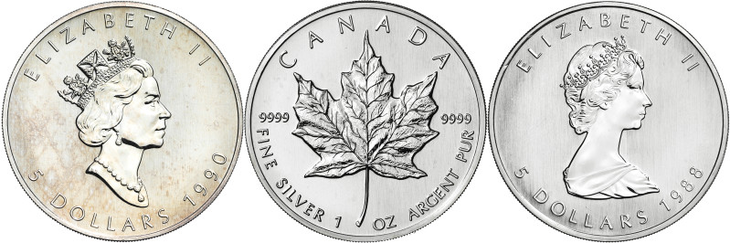 Canadá. 1988 a 1990. Isabel II. 5 dólares. Lote de 3 onzas. AG. S/C.