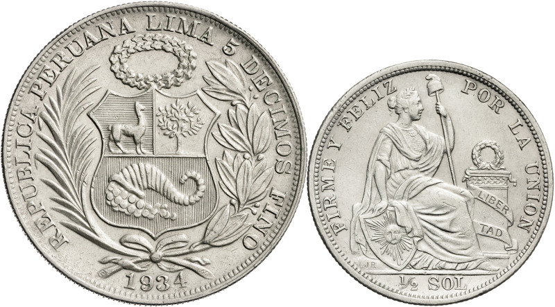 Perú. 1907 y 1934. 1/2 y 1 sol. Lote de 2 monedas. AG. MBC+/EBC.