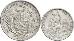 Perú. 1907 y 1934. 1/2 y 1 sol. Lote de 2 monedas. AG. MBC+/EBC.
