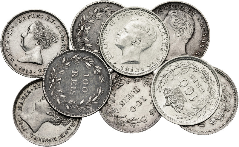 Portugal. 1843 a 1910. 100 reis. Lote de 9 monedas, todas distintas. A examinar....